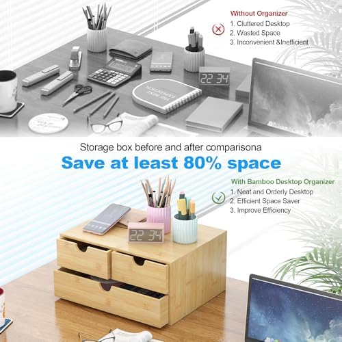 Bamboo Desk Drawer Organizer, Large Desktop Organizer with Drawers Tabletop Storage Organization Box for Office Home Toiletries Supplies Vanity, No Assembly Required (L-3 Drawers)
