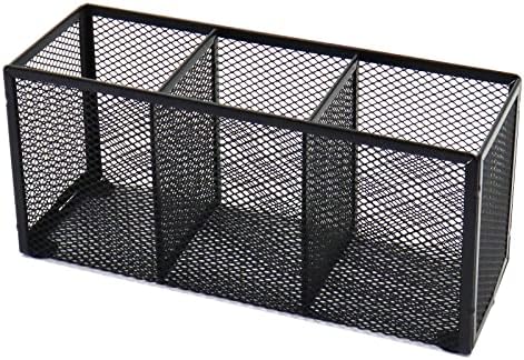 Black Mesh Pen Pencil Holder, Small Metal Desk Organizer Desktop Stationery Office Supplies Acessories Storage Stand, 3 Compartments Brushes Holder for Home School Classroom Teachers
