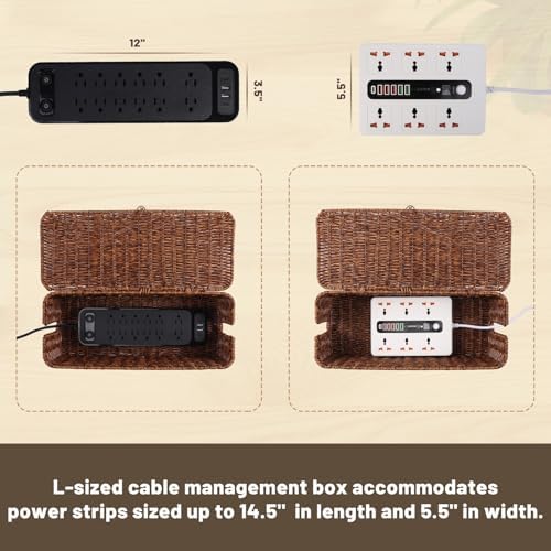 Cable Management Box, Cord Organizer with Lid & Cable Ties - Brown, L