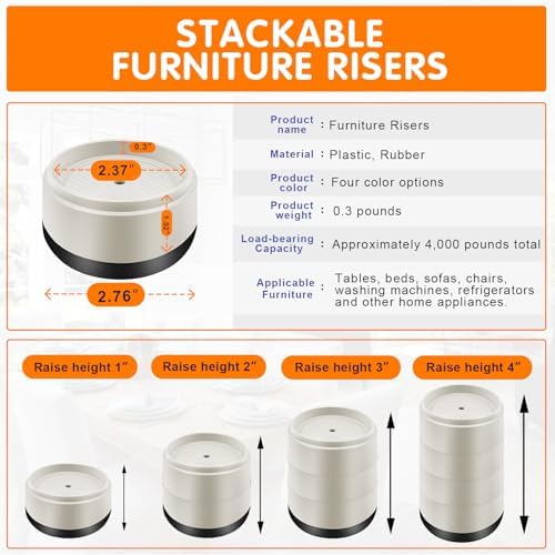Furniture Risers Bed Risers Heavy Duty 1 inch, 2 inch, 3 inch, 4 inch Round Adjustable Bed Lifts Riser for Desk Legs Table Couch Sofa Chair Refrigerator Washing Machine (1 Inch, White, 4 Pack)