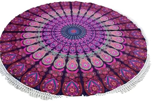 Round Beach Tapestry Turquoise Mandala Throw/Boho Hippie Beach Blanket Roundie/Indian Cotton Bohemian Large Round Table Cloth-Home Decor/Yoga Mat Meditation Picnic Rug (70", White And Pink)