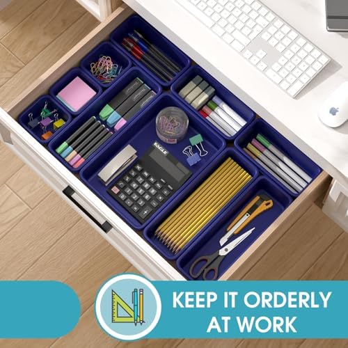 StoreHappily 16 PCS Drawer Organizer Set, 4 Size Makeup Drawer Divider Organizer With Non-Slip Pads, Interlocking Plastic Storage Bins for Office,Jewelry Vanity,Gadgets, Bathroom,Kitchen, Navy