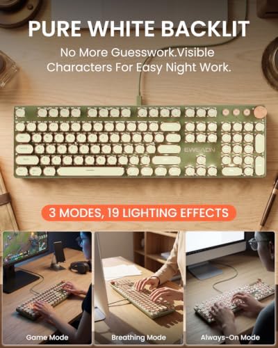 Wired Typewriter Style Mechanical Keyboard, Media Knob, Soft Clack-Green