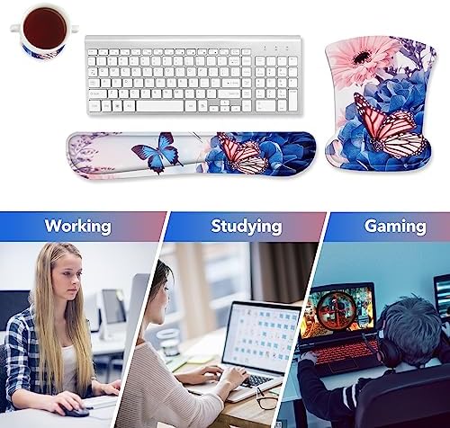 AIMSA Wrist Rest Support Mouse Pad Ergonomic, Memory Foam Keyboard Wrist Rest Set Non-Slip Easy Typing and Relieve Wrist Pain Mouse Mat for Computer Office -Butterfly Flower