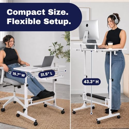 Small Rolling Desk with Wheels, Adjustable Height 27"-43.3" Portable Standing Desk, 31.5"x15.7" Tabletop, Mobile Laptop Computer Table for Home Office Workstation, White