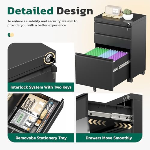 Greenvelly 3 Drawer Mobile File Cabinet with Lock, Metal Filing Cabinet on Wheels, Under Desk File Cabinet for Home Office Organizer Letter/Legal/A4 File (Unassembled, Black)