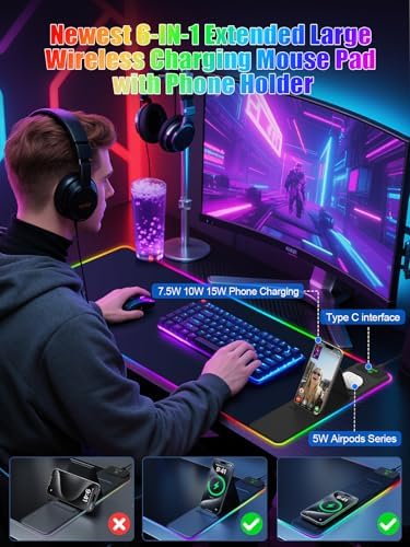Mouse Pad with Foldable Phone Holder & Wireless Charger, XXL RGB Gaming Mousepad 31.5"x15.8" Large Desk Mat for Keyboard, Black Desk Pad with Dual Qi Charging Station | 11 Colors 5 Modes | Waterproof