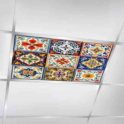 6 Pcs Fluorescent Light Covers for Ceiling Lights Mexican ceramic Ethnic Magnetic Light Filters Decorative for Classroom Office Hospital Home 4x2 Ft