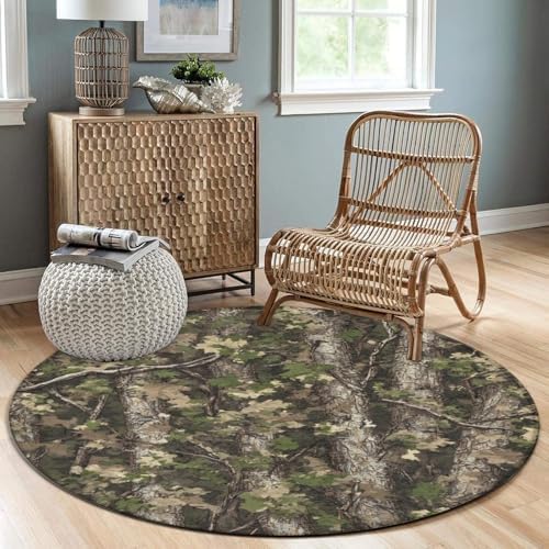Large Machine Washable Circular Rugs, Home Decor Round Mat for Living Room Sofa Office Hunting Camo Tree Camouflage