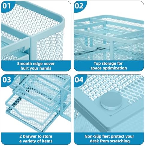 Marbrasse Mesh Desk Organizer, Pen Organizer with 2 Drawer, Multi-Functional Pencil Holder, Desk Organizers and Accessories with 5 Compartments + Drawer for Office Art Supplies (Blue)
