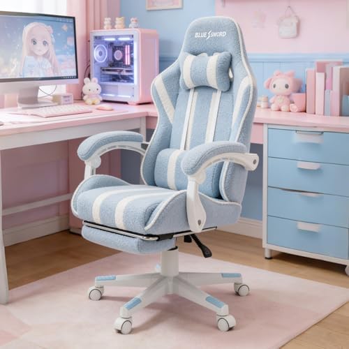 Blue and White Stripes Gaming Chair, Office Desk Chairs with Footrest and Headrest & Armrests for Women, Ergonomic High Back Computer Desk with Headrest & Lumbar
