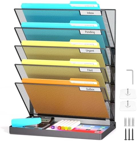 Legal /A4/ Letter Size Hanging Wall File Organizer Desktop File Organizer,6-Tier Wall Mount/Self Standing Paper Document Folder Holder,Mesh Magazine Rack for Office Home, Black ﻿