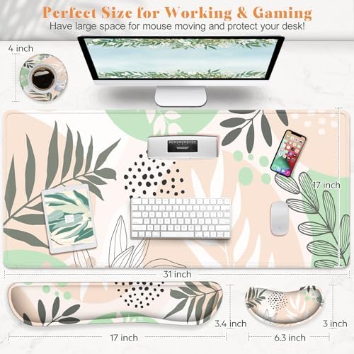 Gimars 4 in 1 Mouse Pad and Keyboard Wrist Rest Set, Large Mouse Pad with Memory Foam Wrist Support Pad for Desk with Coaster, Easy Typing Pain Relief, Gaming Office Home 31.5x12 inch, Morandi Beige