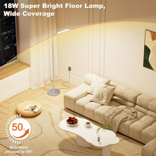 Dimmable LED Floor Lamp, Super Bright Reading Lamps Floor Standing lamp with Remote & Touch Control, Stepless Dimming & 2700K-6500K Color Temperature, for Living Room Bedroom Office, Nickel Plating