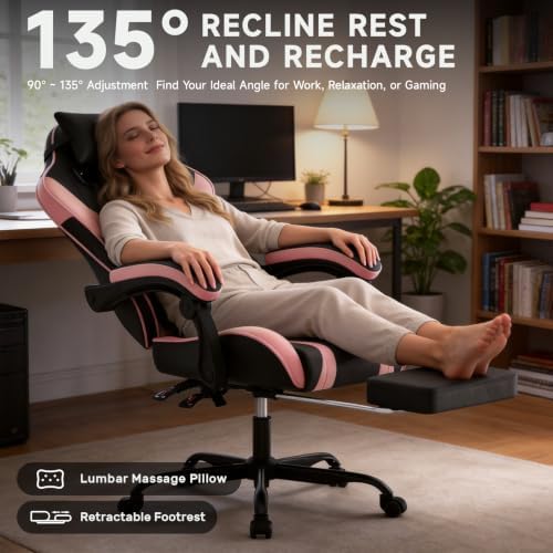 Ergonomic Gaming Chair,A Versatile 3-in-1 Video Game Chair for Work, Study, and Gaming,Features an Adjustable Backrest, Footrest, and Linked Armrests Office Chair for Adults,Blackpink