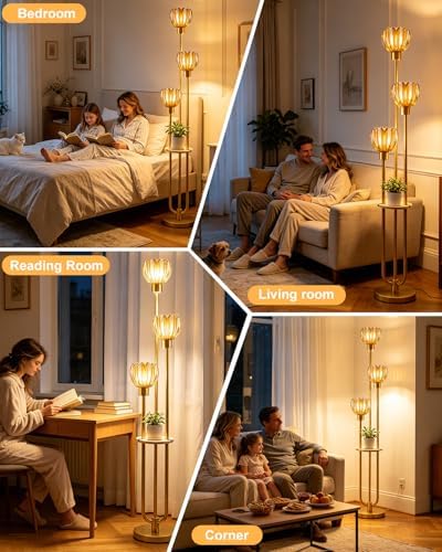Lightdot Lotus Glass Floor Lamp with Shelf Amber Flower Gold Floor Lamps