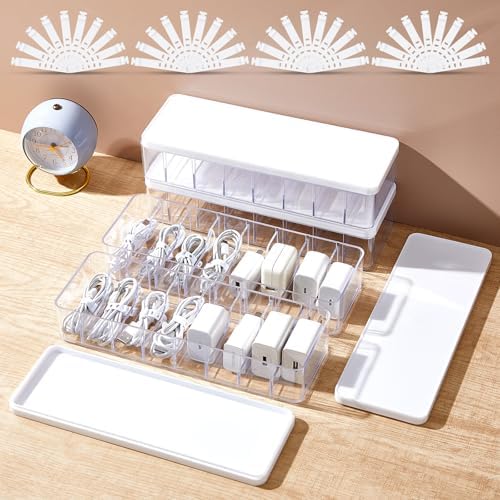 Tatuo Cord Organizer Box with Lid, Clear, White, 4 Pack