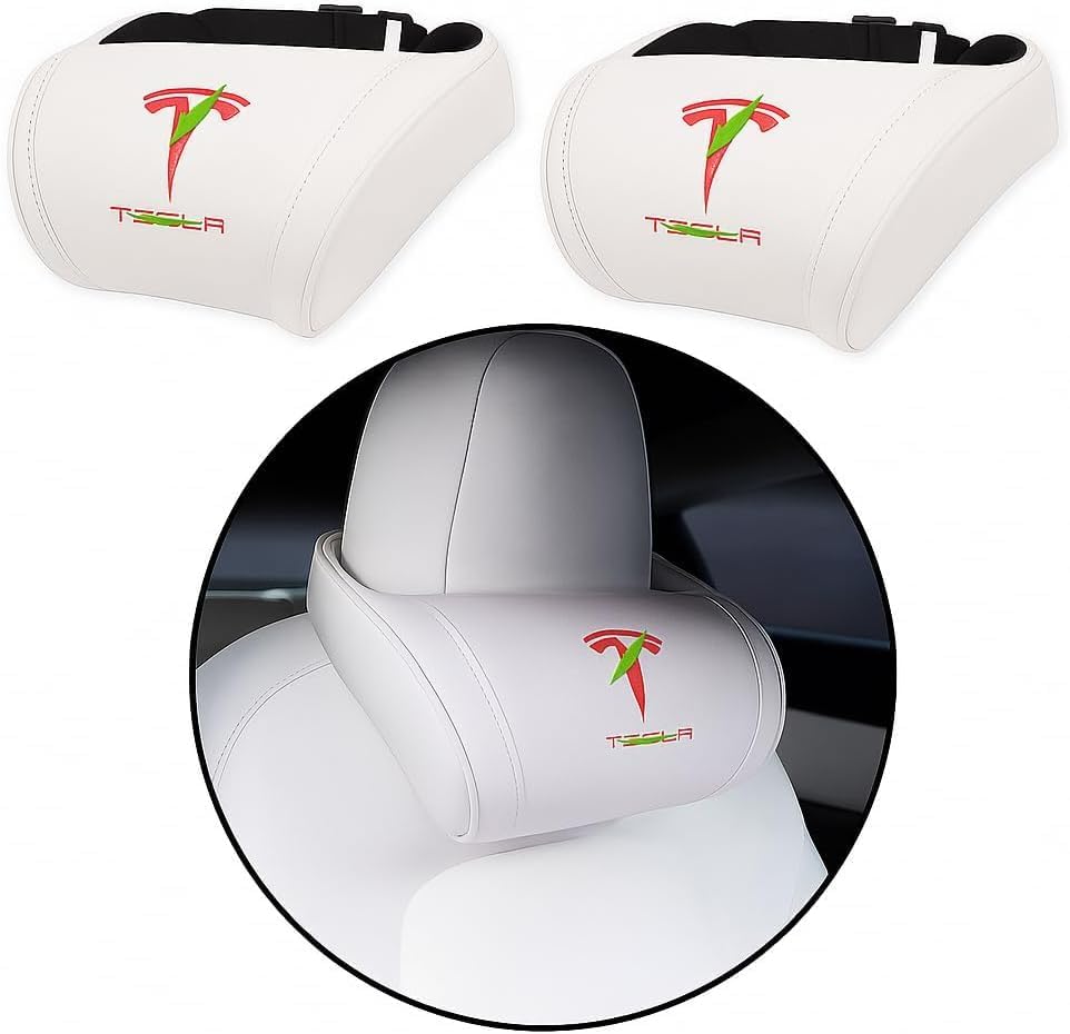 Car Headrest Neck Pillow Support Ergonomic, with Valve Stem Covers Accessory for Driving Seat Fatigue Relief Compatible with Model S X 3 Y & Cybertruck - 2 Pieces