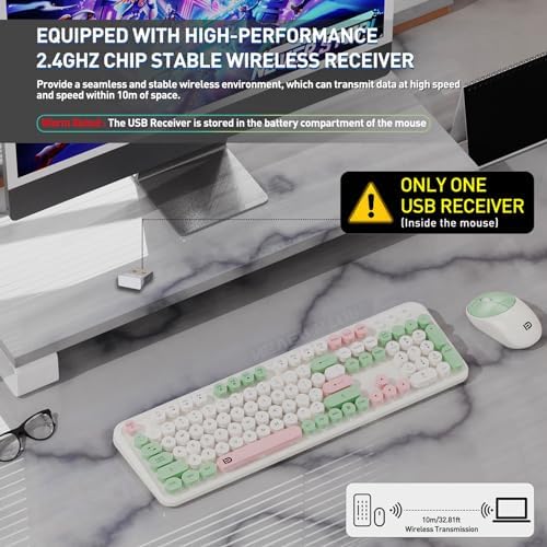 Wireless Keyboard and Mouse Combo with Switch Button- 2.4GHz Cordless Typewriter Keyboard | Auto-Sleep | USB Receiver for Windows PC/Laptop - White Colorful