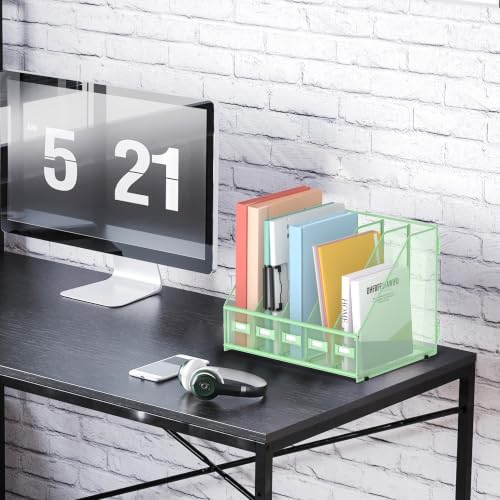 SUPEASY Desk Organizers Metal Desk Magazine File Holder with 5 Vertical Compartments Rack File Organizer for Office Desktop, Classroom, Home Workspace, Green