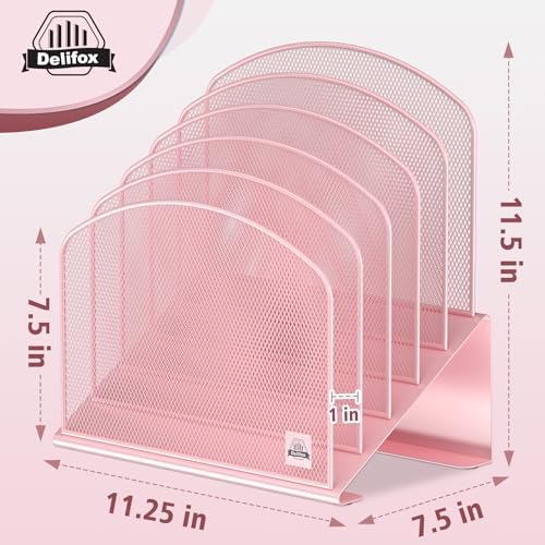 Delifox Inclined Desk File Organizer,Vertical File Folder Holder Stand Metal Rack File Sorter for Office Classroom Desktop Organization (2, Pink, 5)