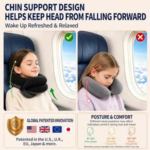 BUYUE Kids Travel Pillows for Airplane, Memory Foam 360° Head Support Sleeping Essentials for Long Flight, Skin-Friendly Soft Neck Pillow for Traveling in Car Seat, (Small, Black Grey, 40-90 lbs)