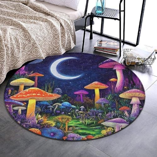 Room Sofa Yoga Soft Round Carpet, Home Decor Non Slip Kitchen Office Circle Rug, Machine Washable Modern Round Area Rug Magic Mushroom Mushrooms Scenery, 36inch