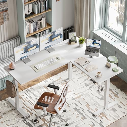 TIQLAB L Shaped Standing Desk Adjustable Height, Electric Corner Standing Desk, 63 x 55 inch Sit Stand Computer Table with Splice Board, White