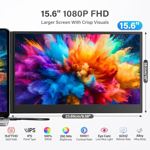 Laptop Screen Extender Monitor Portable, 15.6" FHD 1080P Triple Laptop Monitor Extender, Two Cable Plug-Play for 13-17.3" Laptop, Ultra-Thin 0.16" Laptop Extended Monitor for Mac/Win/Android
