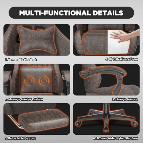 Ferghana Vintage PU Leather Gaming Chair, Ergonomic Reclining Racing Gamer Chair with Massage Lumbar Support, High Back Computer Office Chair with Footrest for Adults, Brown