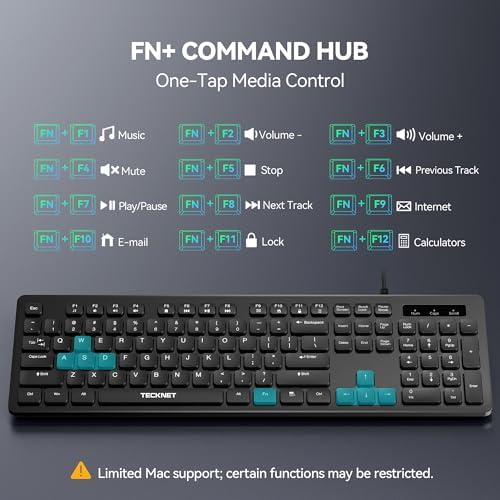 TECKNET Wired Keyboard, Silent Typing, Full-Size Layout, Black