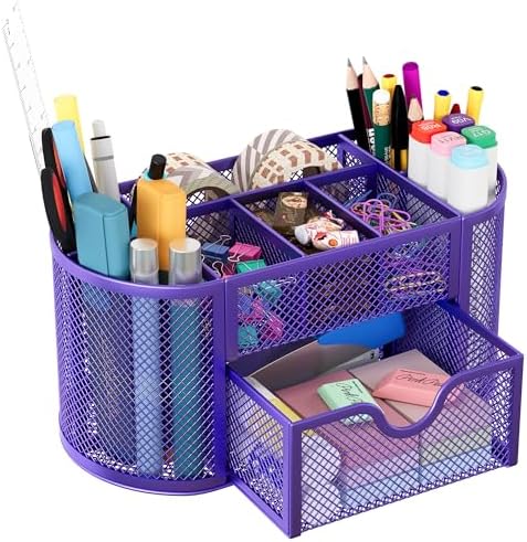 EasyPAG Mesh Pen Holder Desk Organizer with Drawer Stationery Supplies Organizer for Dorm School 9 Compartments Workspace Desk Accessories Organization for Office, Purple