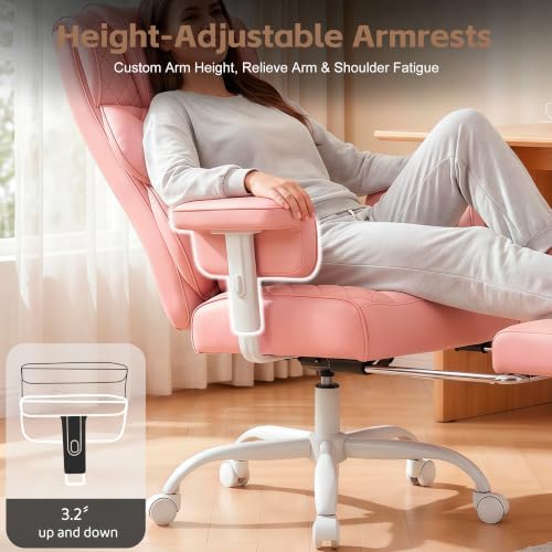 Vonesse Office Chair, Desk Chair with Soft Adjustable Armrests, Executive Computer Chairs with Lumbar Support, High Back Gaming Chair with Footrest (PU Leather, Pink)