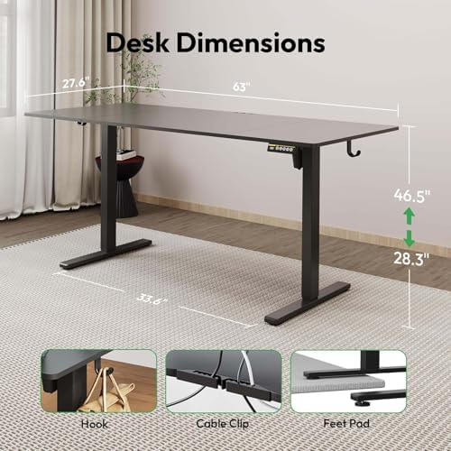 63 x 28 Inch Electric Standing Desk, 3 Memory Presets, Black