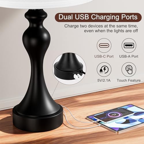 Touch Lamps for Nightstand, 3 Way Dimmable Bedside Lamps with USB C+A Ports