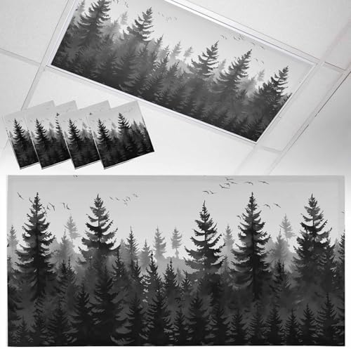 Forest Magnetic Fluorescent Light Covers for Ceiling Lights 2 x 4 Feet, Rustic Grey Foggy Pine Tree Anmal Birds Office Classroom Kitchen Drop Ceiling Light Covers Lighting Filters Shade Panel 4 Packs
