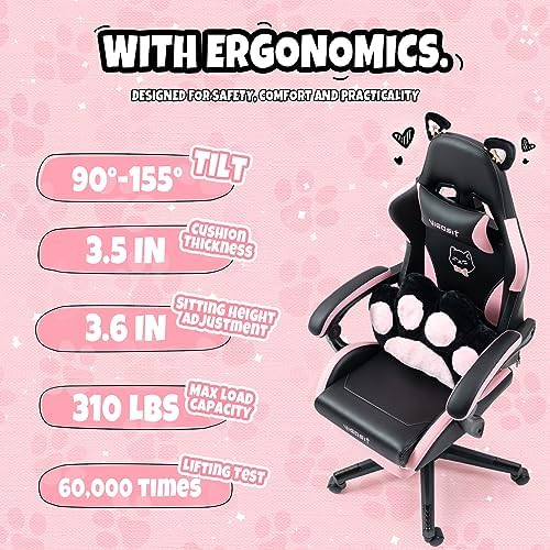 Gaming Chair, Cute Cat Gaming Chairs with Paw Lumbar Cushion for Girls, Video Gamer Chair with Footrest for Girl Teen Woman (Blackpink-A)
