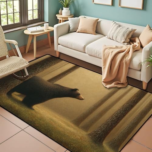 Tranquil Scene Bear Pine Trees Soft Gradient Area Rug Outdoor Patio Rug Play Mat Modern Floor Carpet Non-Slip Home Decor Living Room Kids Bedroom Nursery, 3x5 ft