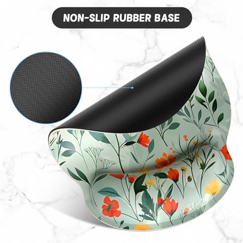 ITNRSIIET Ergonomic Mouse Pad with Wrist Support Wrist Rest Smooth Surface Non-Slip Rubber Base Comfortable Office Supplies Pain Relief, 9.8 x 9.1 inches, Beautiful Flowers