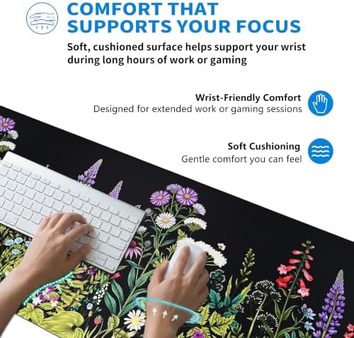 Extended Wildflower Meadow Desk Mat, XL Large Gaming Mouse Pad, Florals Weeds Stitched Edges Waterproof with Non-Slip Rubber Base for Computer Keyboard Laptop Work Home Office 31.5"x11.8"