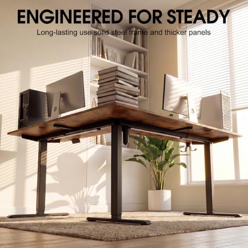 Furmax 63 x 55 Inch L Shaped Standing Desk with 2 Preset Heights, Electric Height Adjustable Computer Table, 2 Hooks & Feet Balance, Corner Sit Stand Desk for Home Office (Rustic Brown, 63 x 55 Inch)