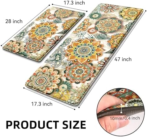 Boho Yellow Floral Kitchen Rugs Mats for Floor 2 Piece Memory Foam Padded Kitchen Mats Anti Fatigue Non Slip Cushioned Comfort Standing Mat, 17.3x28+17.3x47 Inch