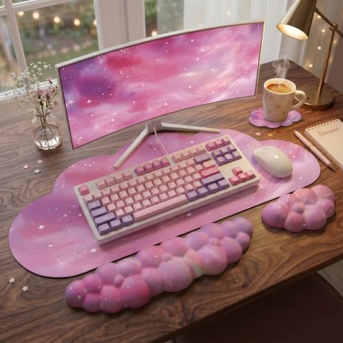 Cloud Mouse Pad Keyboard Wrist Rest for Mouse 4PCS Extended Large Galaxy Space Desk Mat Pad Set Memory Foam Non-Slip Cute Ergonomic Game Mouse Wrist Support for Computer Home Office Pink Starry Sky