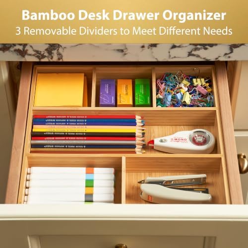 Umilife Bamboo Desk Drawer Organizer, Wood Office Junk Tray, 12"x12"