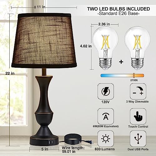 Luvkczc Black Touch Table Lamps Set of 2, 22" Tall Bedside Lamps