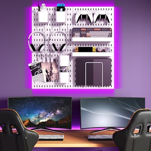 Peg Board Combination Kit, 4 Pegboards with 20 Accessories, Pegboard Wall Organizer for Office, Nursery & Home Storage, Key Holder, 25.6"x25.6" – Nail-Free Installation（White）