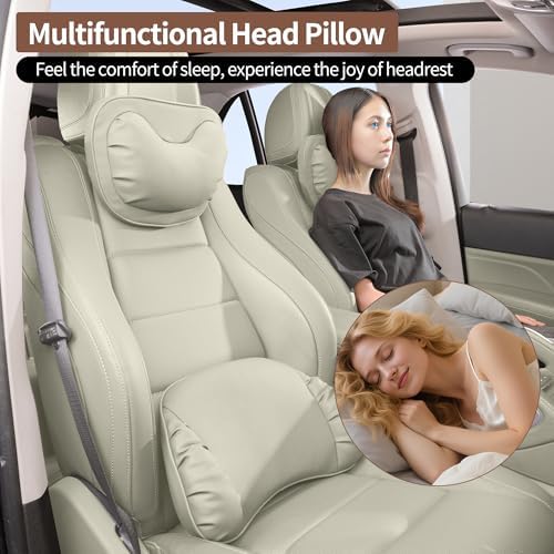 Car Neck Pillow [No More Pressure] Soft Comfortable Premium Leather Headrest with Adjustable Strap – Ergonomic Support for Driving, Office & Gaming, Off White (Beige), 2 Pack