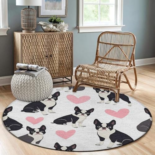 Large Home Decor Mat, Soft Round Yoga Carpet, Non Slip Machine Washable Kitchen Office Circle Rug Boston Terrier Bulldog