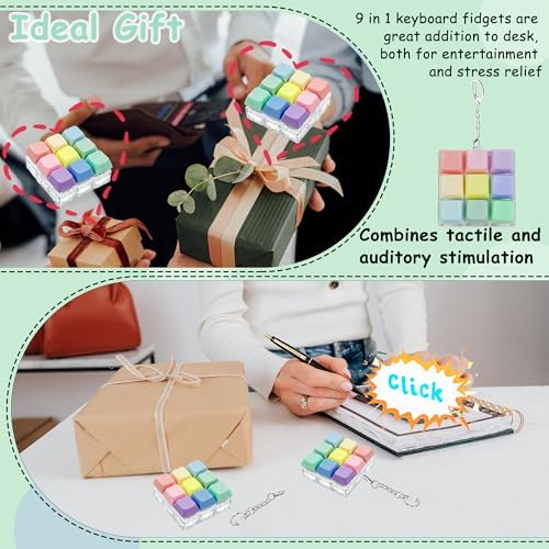 Keyboard Fidget Toy, Keyboard Fidget Keychain 9-in-1 Keyboard Decompression Button Finger Clicker Toys Stress Relief Fidget Gifts (9 Colors)