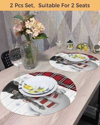 13inch Round Braided Placemats Set of 2, Washable Woven Dining Table Mats, Polypropylene Place Mats for Kitchen Table Home Decoration, Cardinal Bird Snowman Christmas